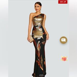 Black One-Shoulder Sequin Floral Evening Gown